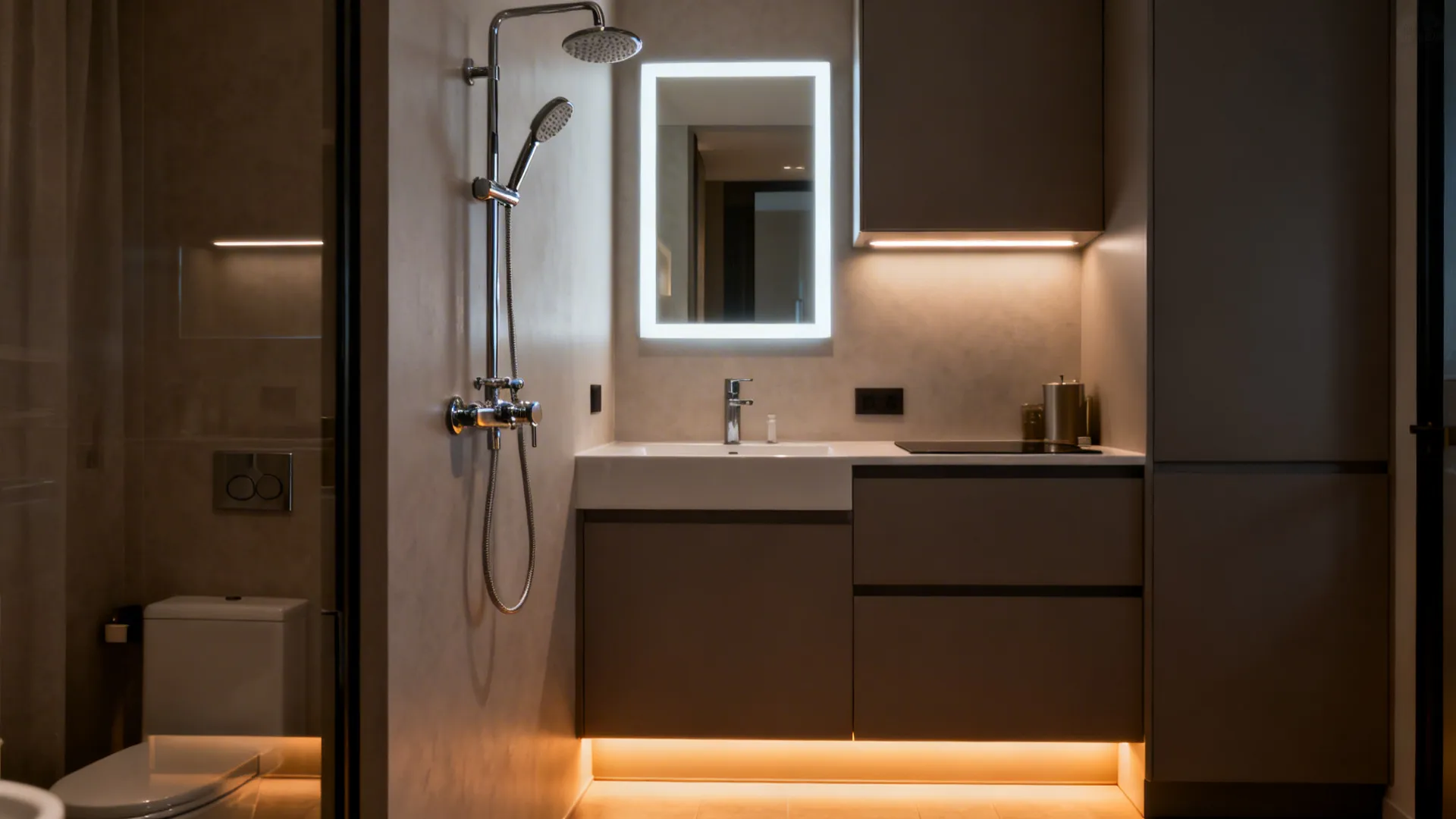 Compact bath and kitchenette with efficient fixtures, backlit mirror, and layered warm LEDs.
