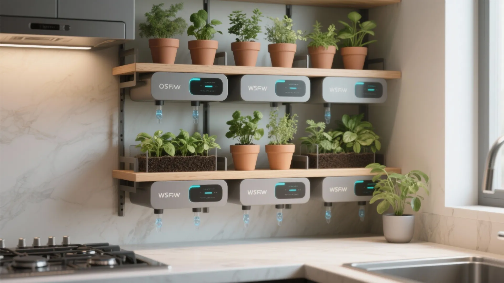 Modern kitchen wall shelves featuring a smart automatic watering system for several small green potted plants