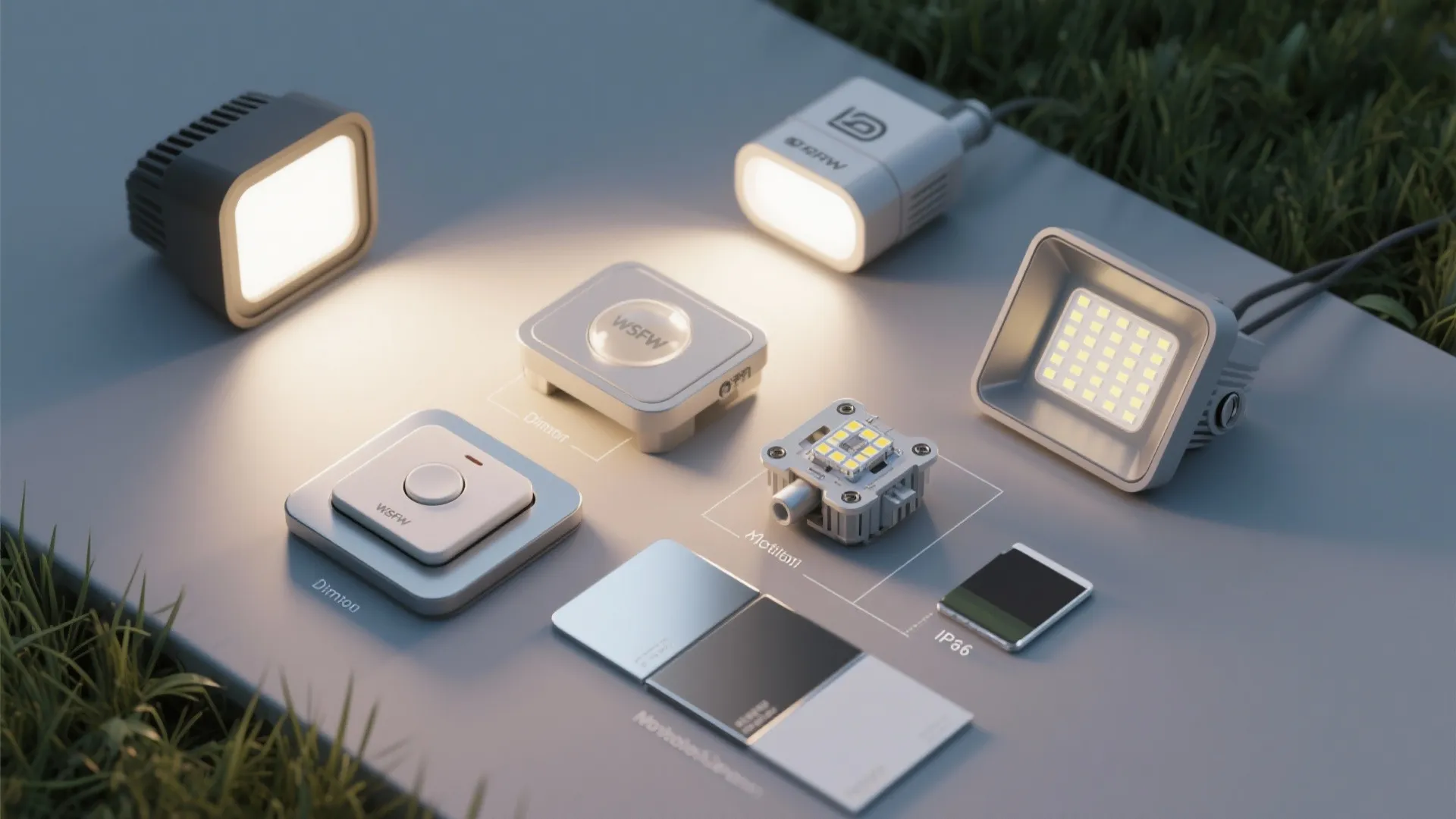 Various smart home light fixtures and outdoor lighting components displayed on a flat surface with grass