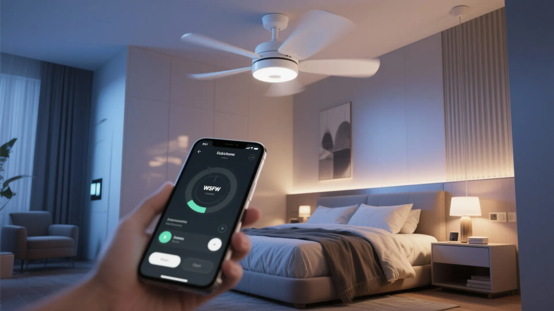 Hand holding smartphone to control white smart ceiling fan light in modern bedroom at night