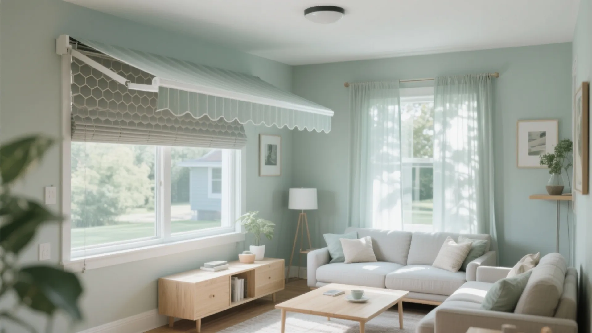 Modern living room with green walls featuring window curtains and a smart outdoor sun shade
