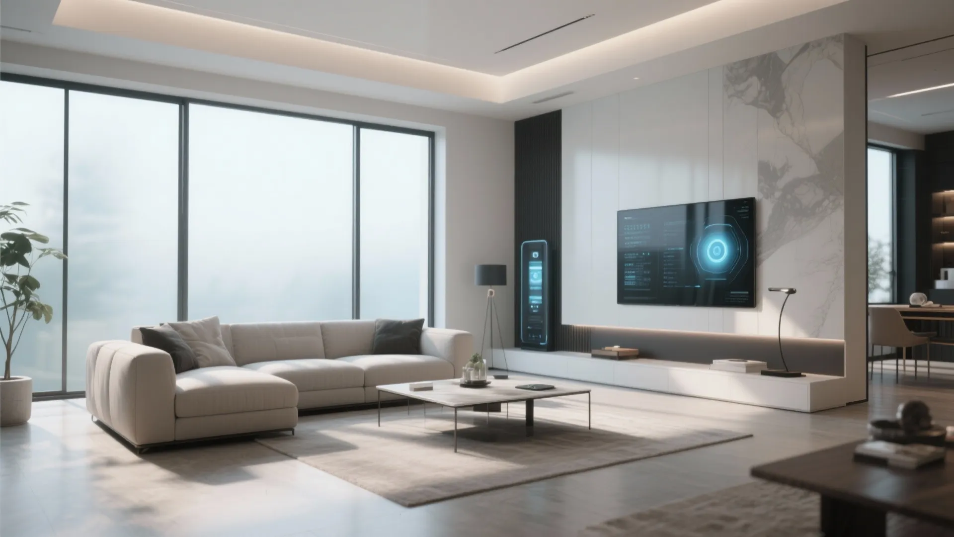 Living room with smart tinted windows and modern decor