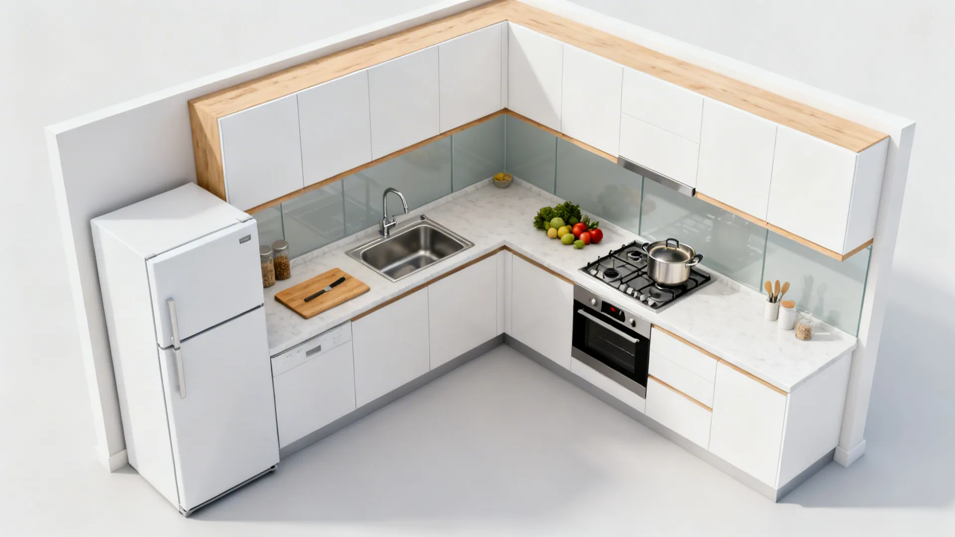 Top-down view of an L-shaped kitchen showing a compact work triangle and prep zone.