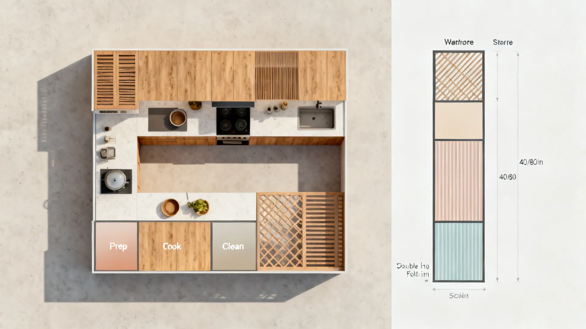Top-down hybrid plan showing kitchen prep-cook-clean zones and wardrobe hang-fold-store zones.