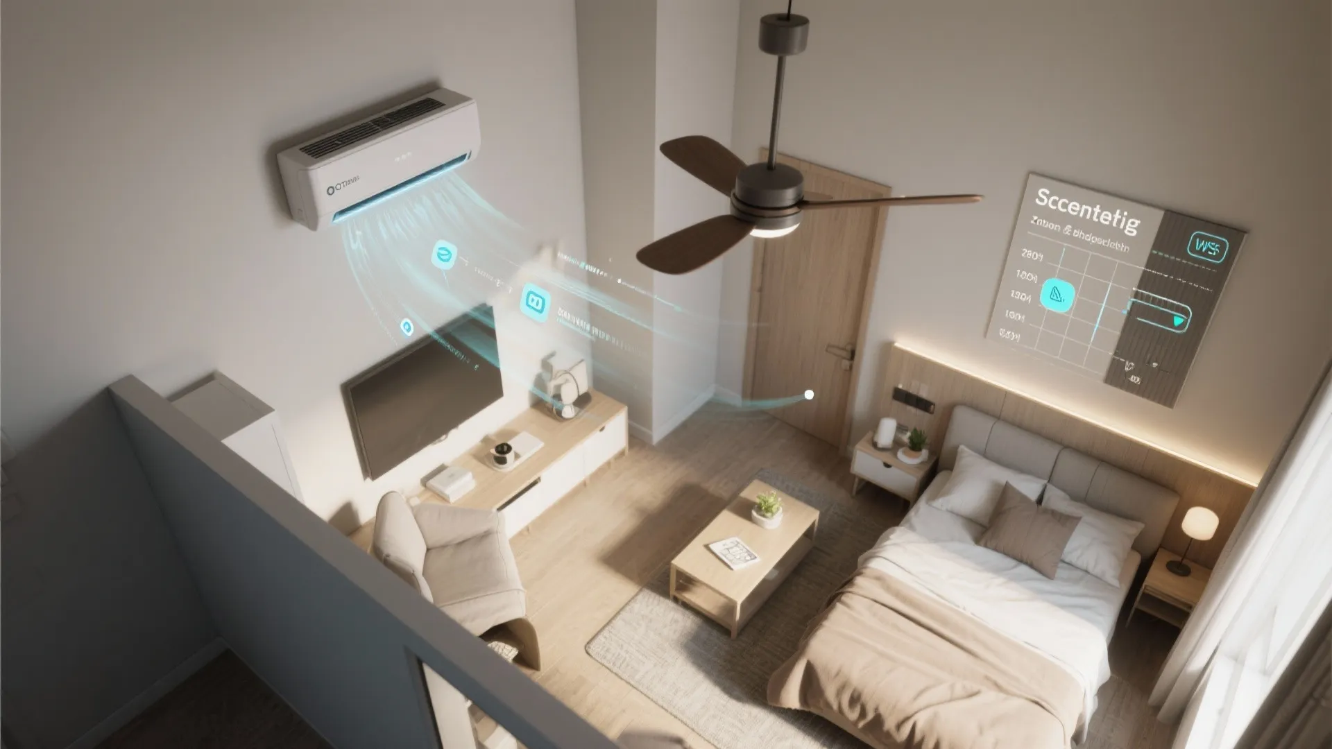 Modern bedroom with air conditioner ceiling light fan bed and a digital smart home control display