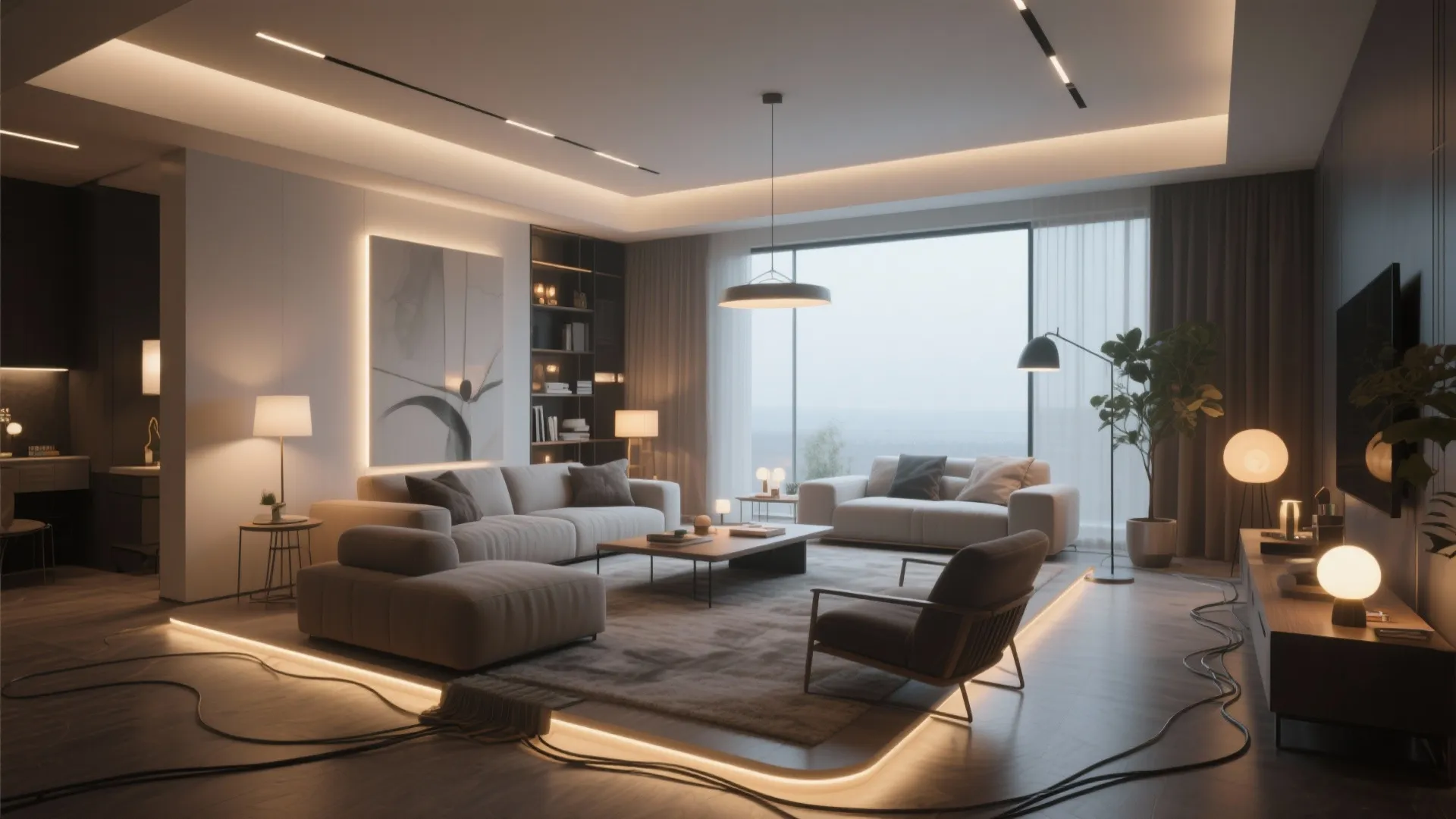 Living room with three-zone smart lighting highlighting different areas