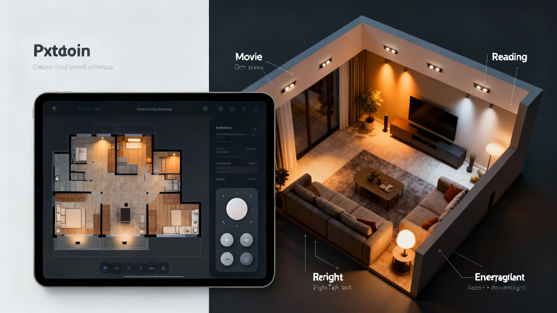 Top-down mockup of zoned recessed lighting scenes with a tablet showing smart controls.