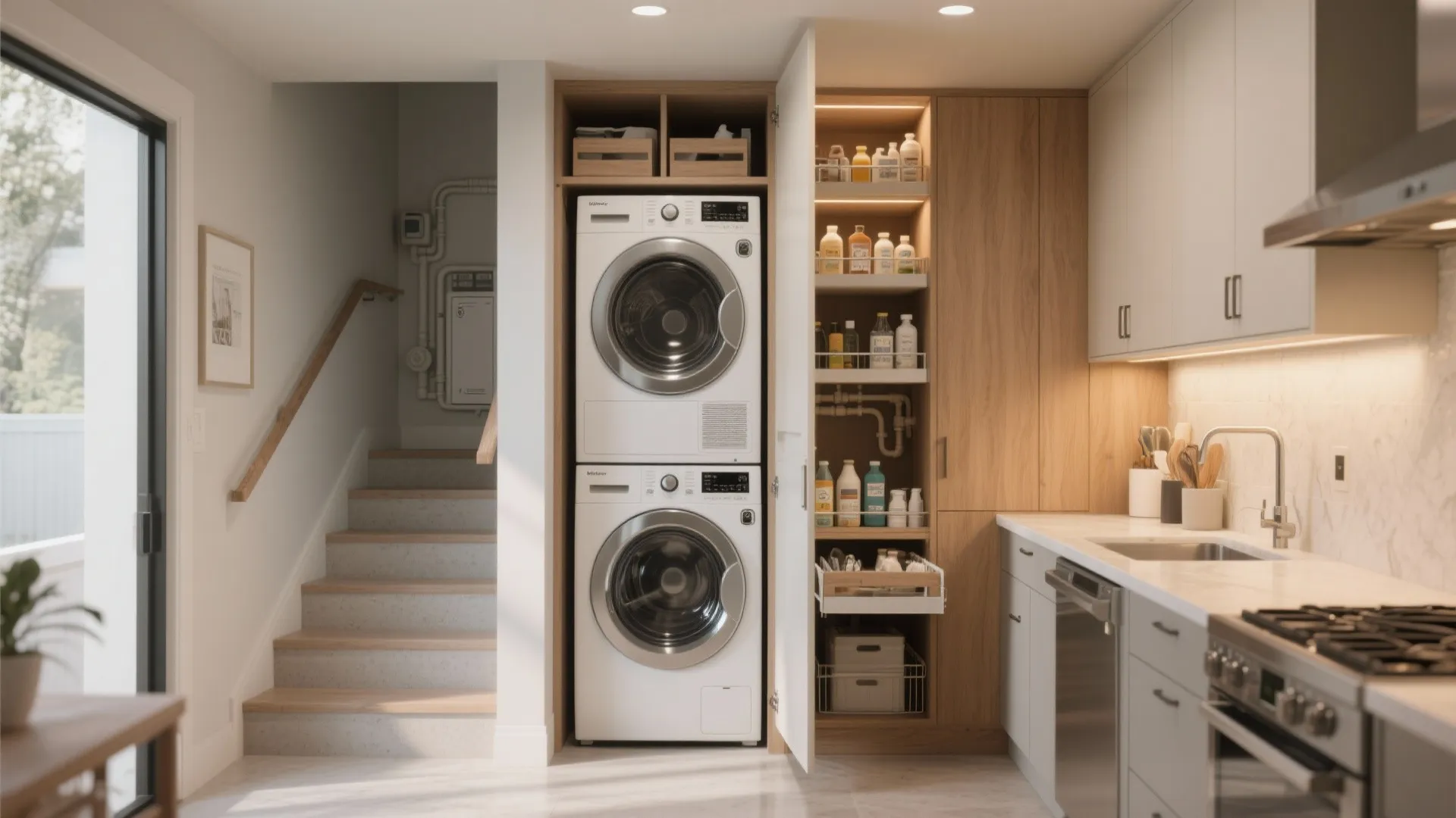 Modern kitchen featuring stacked washing machine and dryer integrated into light wood cabinets with storage shelves