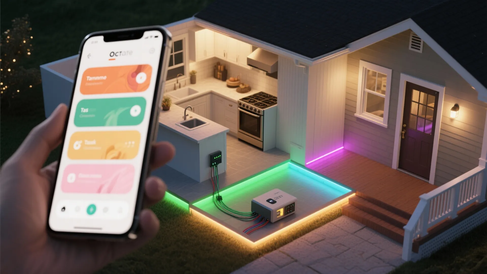 Smart home mobile app controlling colorful outdoor lighting for a modern house kitchen and patio
