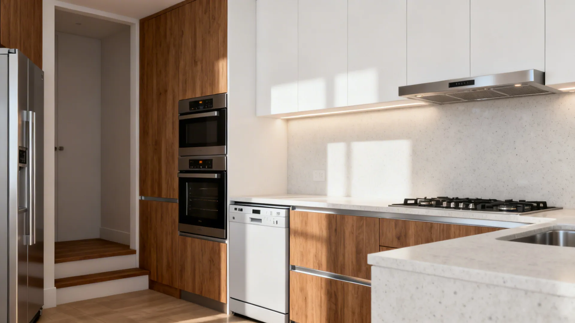 Compact kitchen with fridge by entry, stacked oven and dishwasher, and a sleek range hood.