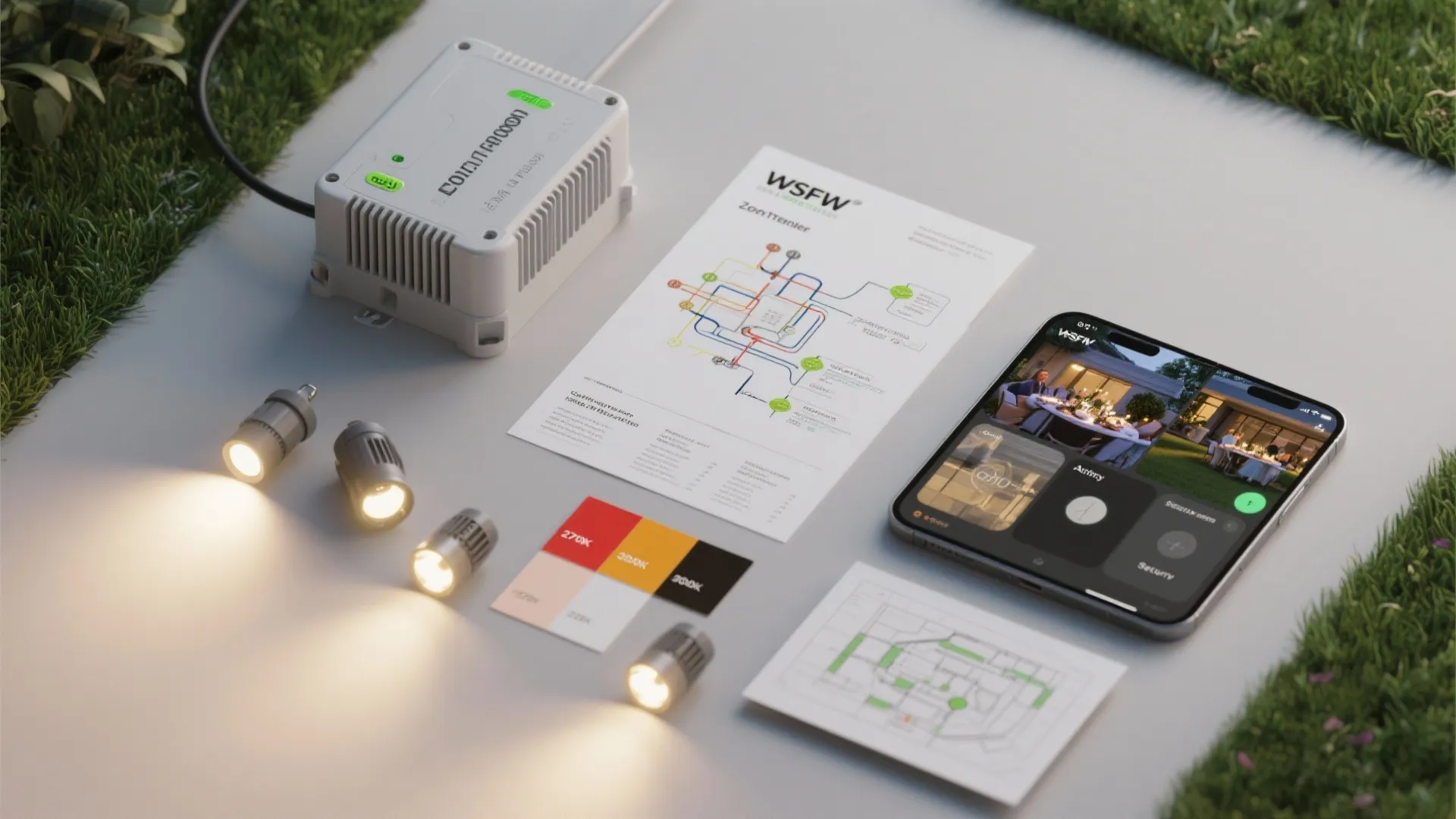 Flatlay of smart lighting components, transformer, wiring diagram, smartphone with scenes and LED samples.
