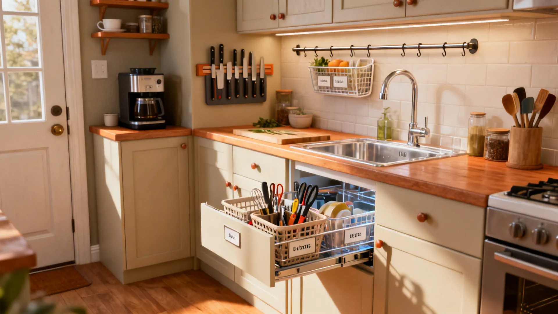 Small kitchen with distinct zones: coffee nook, prep area, and cleanup pocket, each clearly organized.