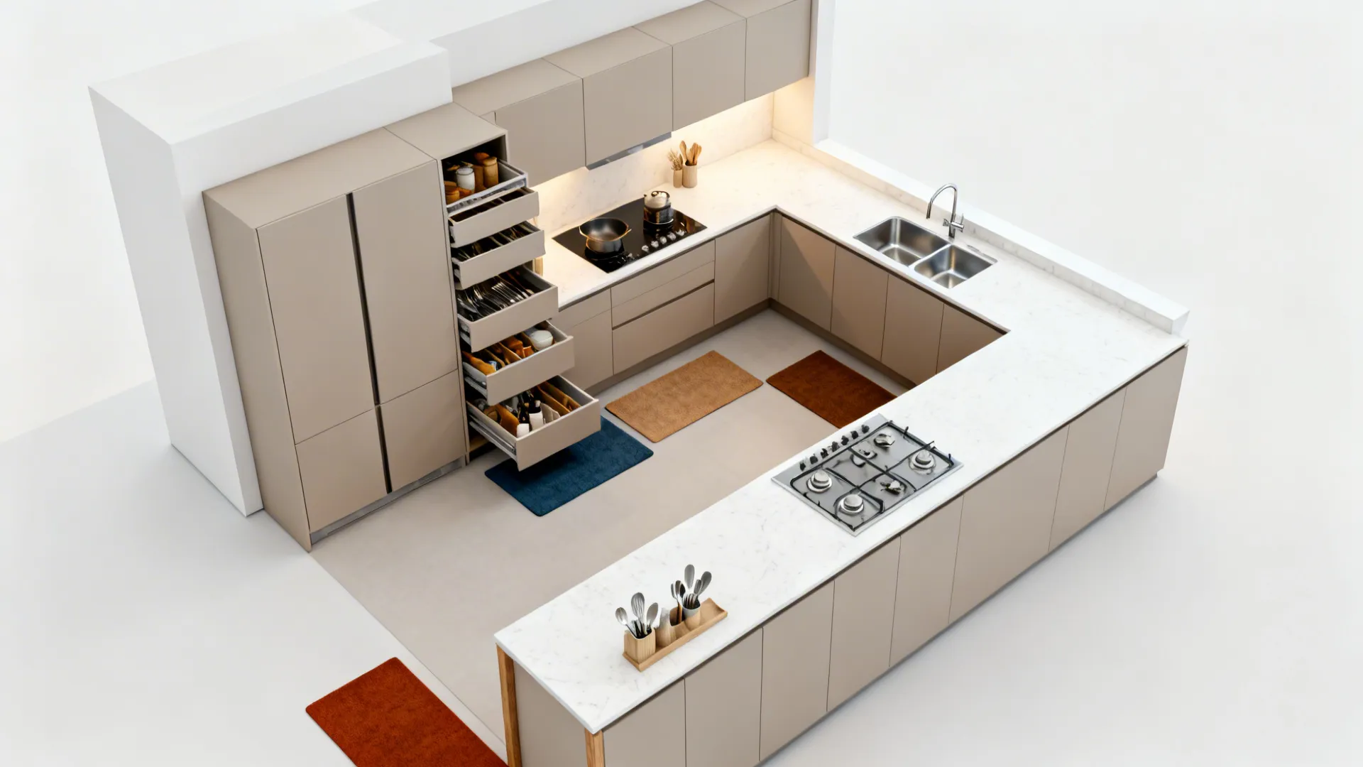 Top-down view of a small L-shaped kitchen with clearly defined prep, cook, clean, and storage zones.