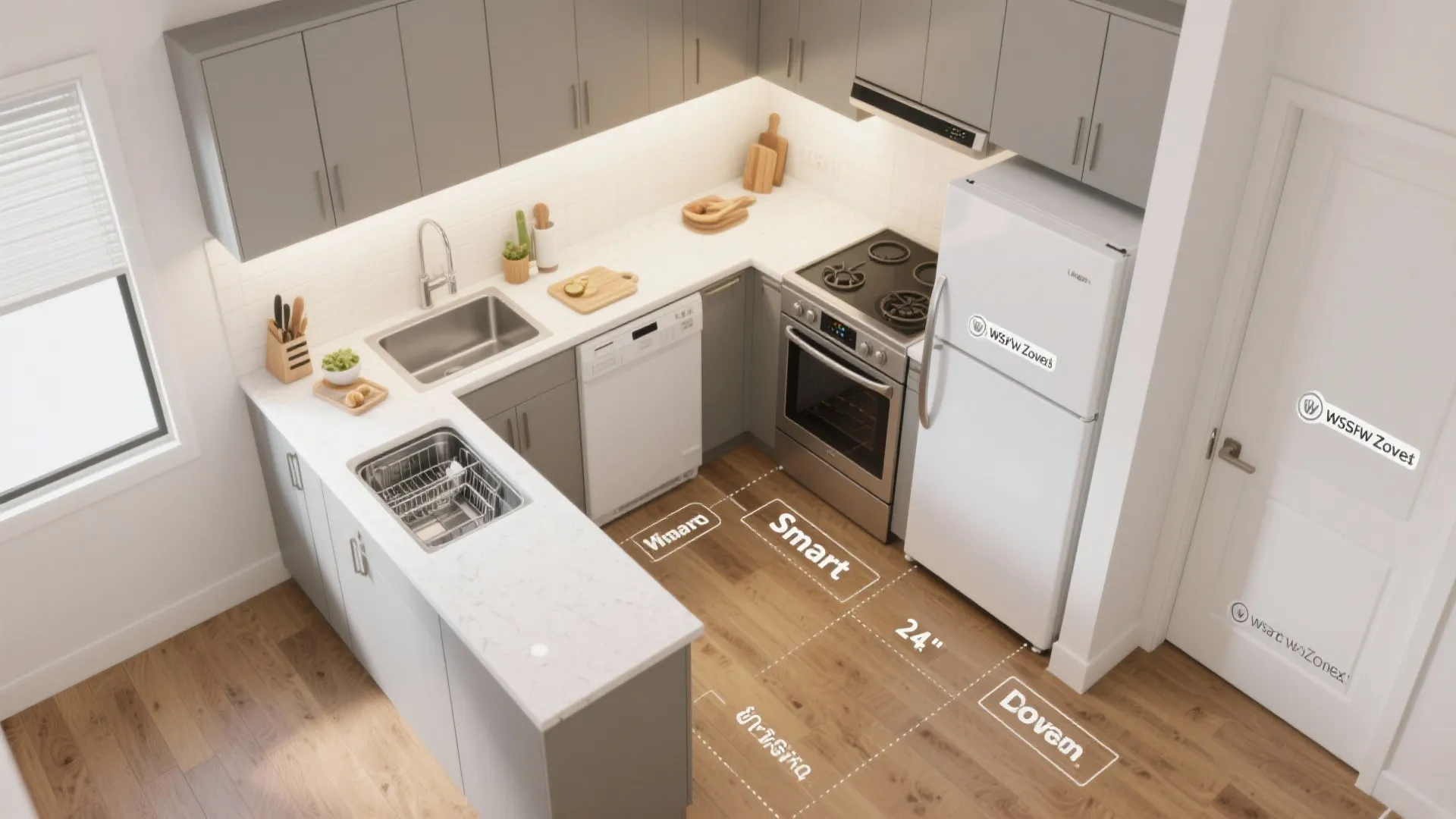 Modern kitchen interior design drawing showing grey cabinets white fridge stove and smart zone floor labels