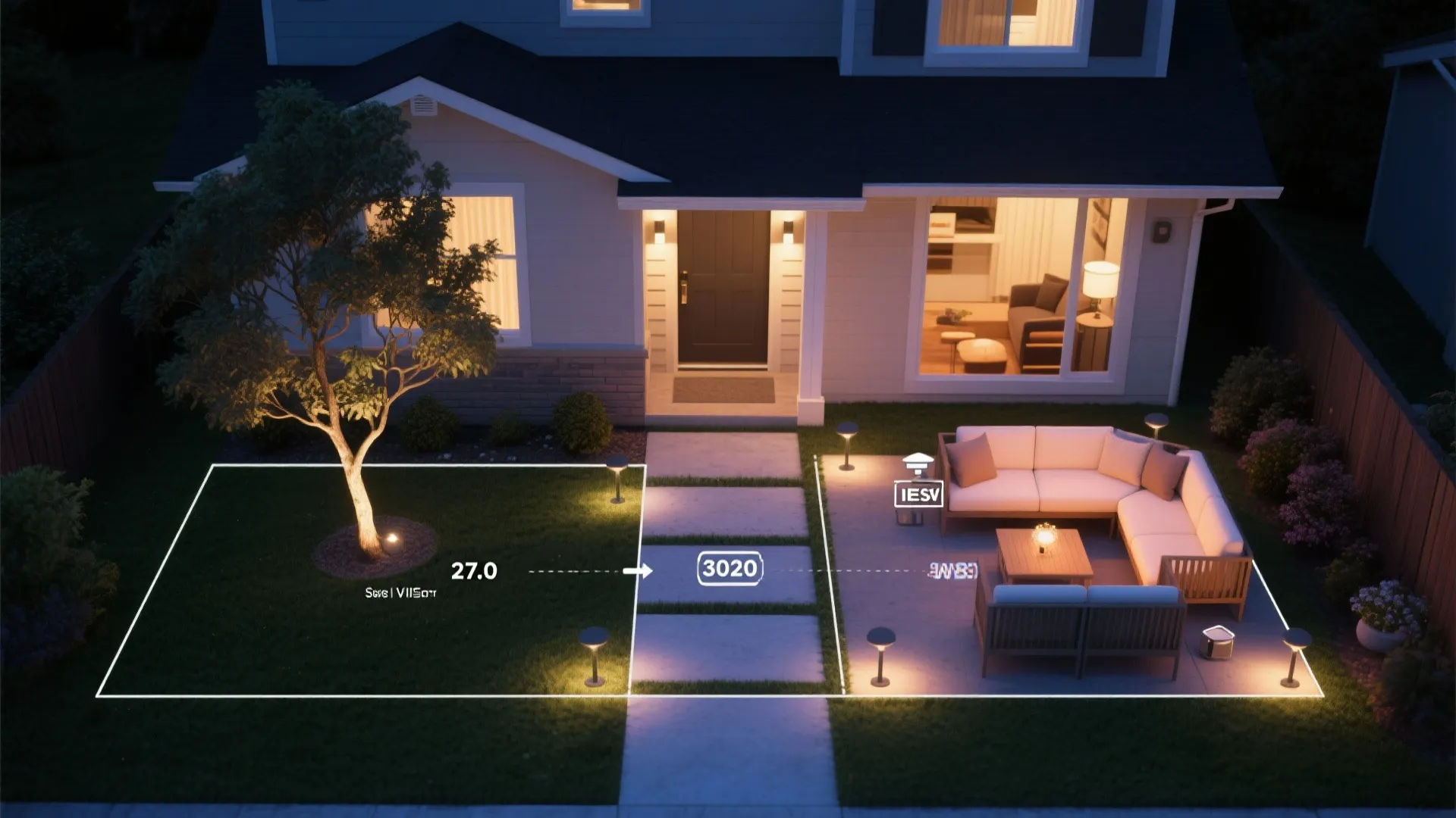 Top-down view of small yard lighting zones with warm CCTs, sensors, and full cutoff fixtures.