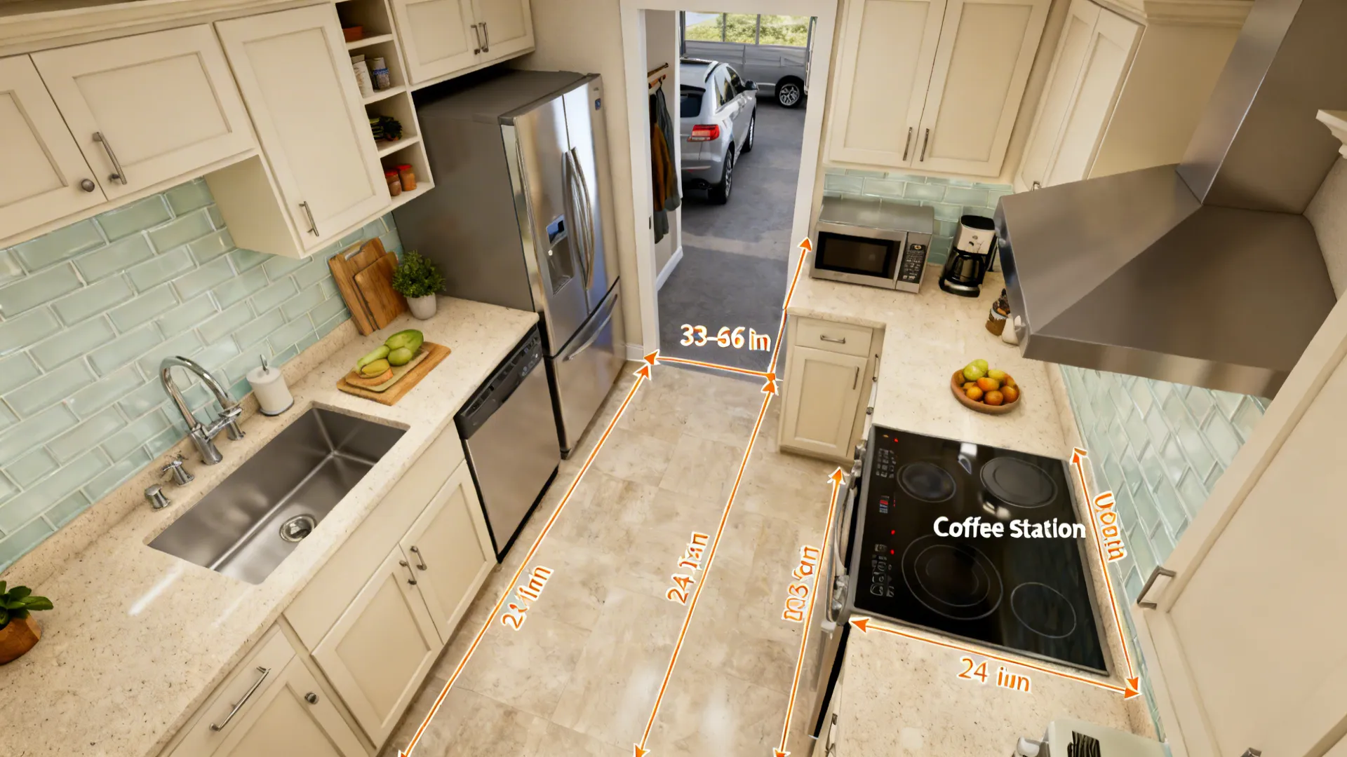 Top-down zoning plan with drop-zone, prep, cook areas and flexible counter-depth appliances.