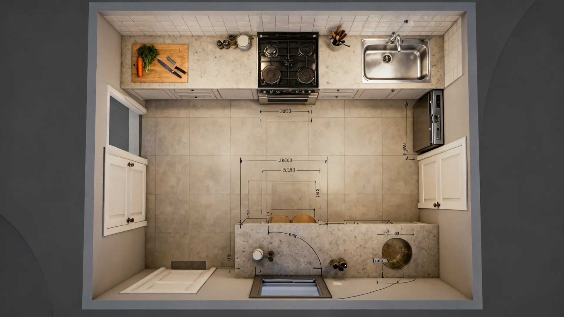 Top-down layout showing aligned prep, cook, and clean zones with slim appliances.
