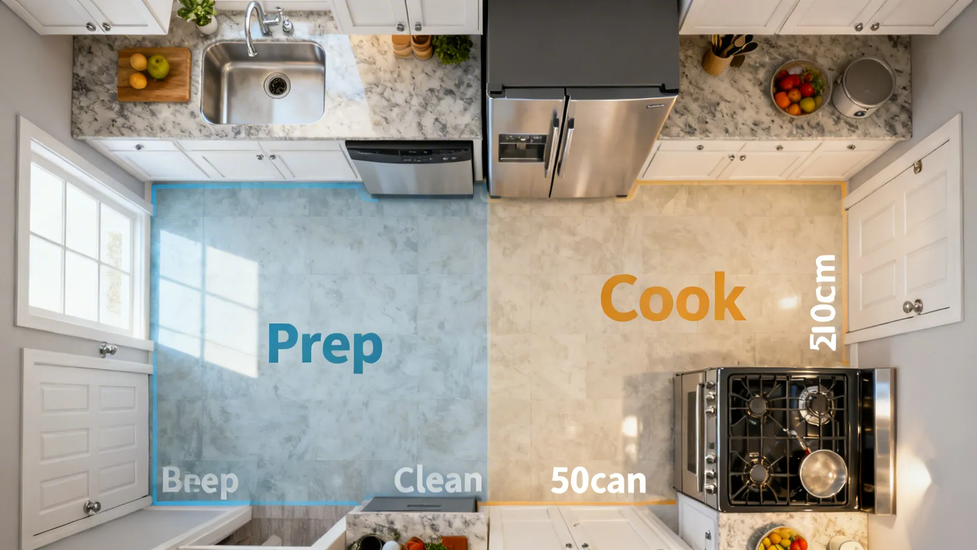 Top-down view of a small kitchen with compact appliances arranged into prep, cook, and clean zones.