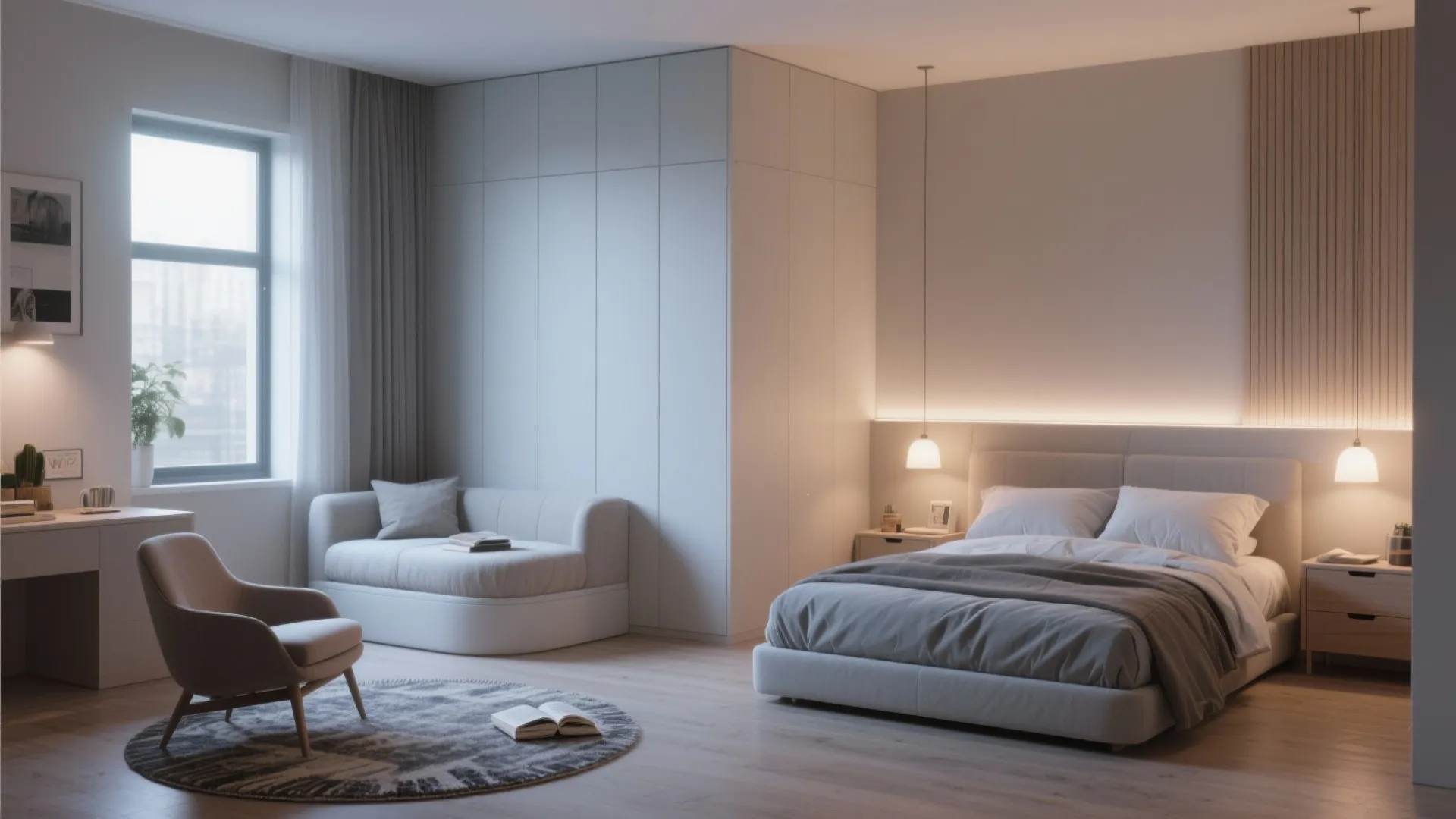 Spacious bedroom layout with sleeping area small sofa round rug desk and white wall panel