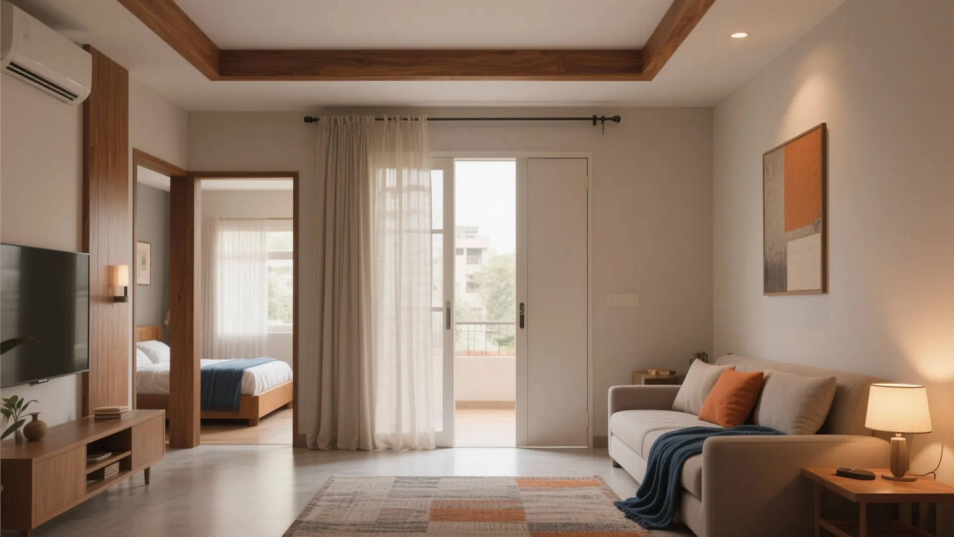 Modern living room with beige sofa wood furniture large glass door and view of bedroom