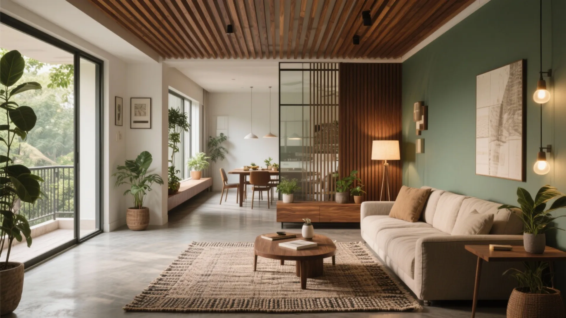 Interior design drawing of living room with green wall wood ceiling sofa and room divider