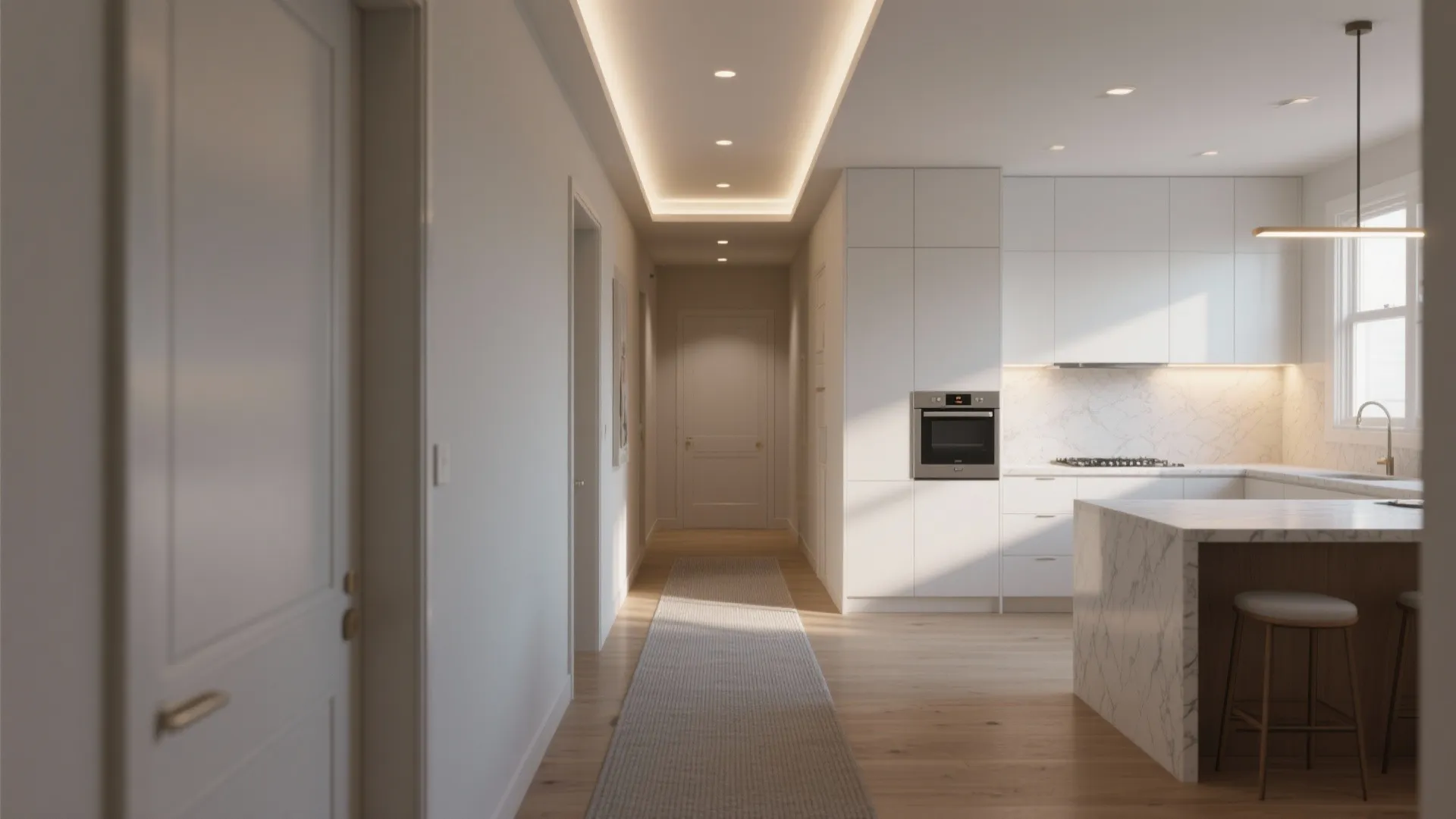 Smart zoning: rugs, lighting, and ceiling lines to unify hall and kitchen