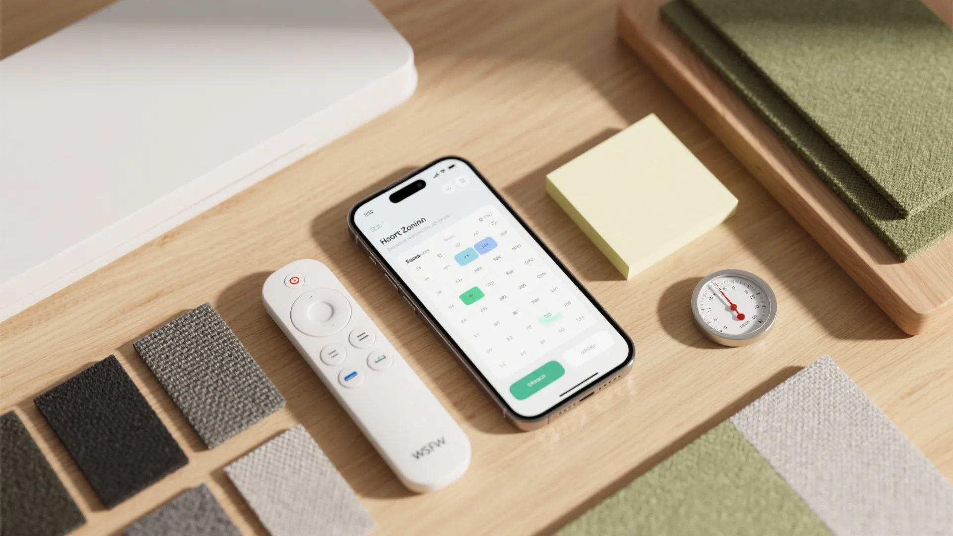 Flat lay of smart mini split controls, phone schedule, and acoustic fabrics for efficient zoning.