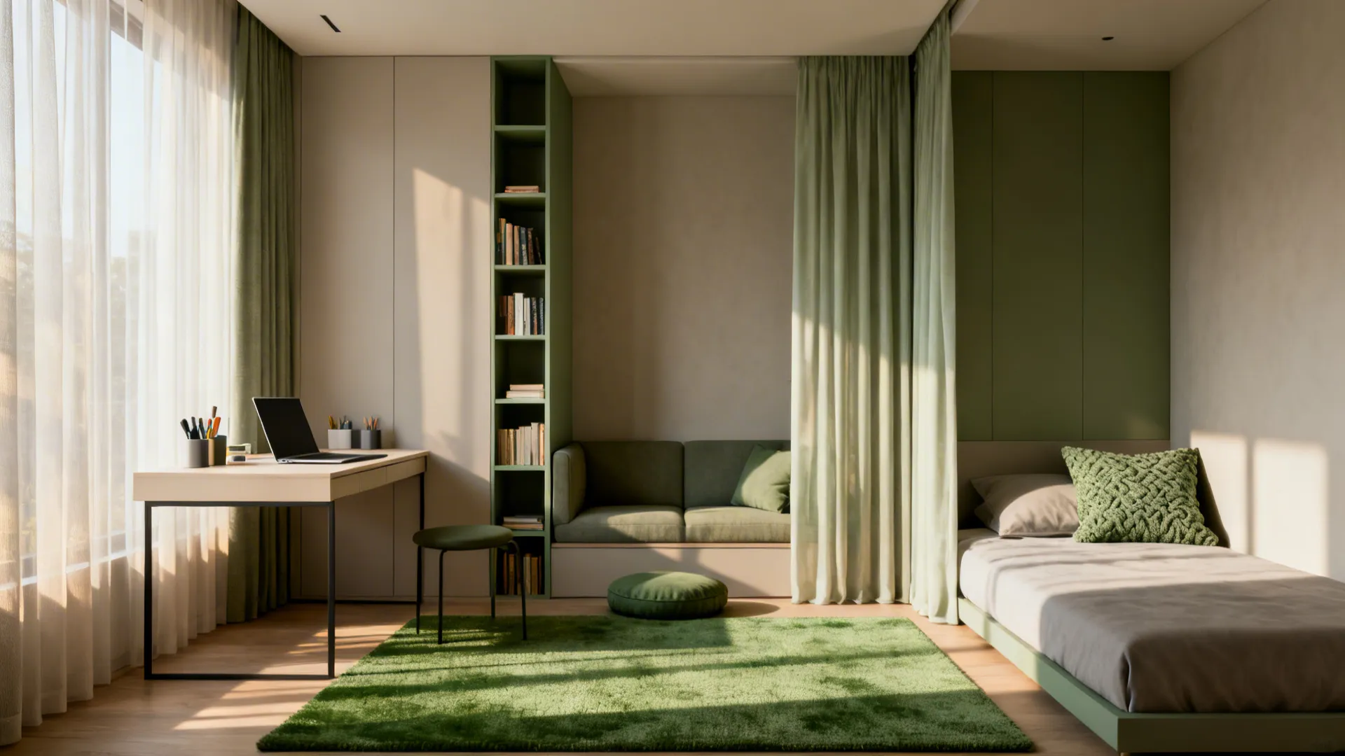 Green themed room with curtain divider separating study desk from bed area near large window
