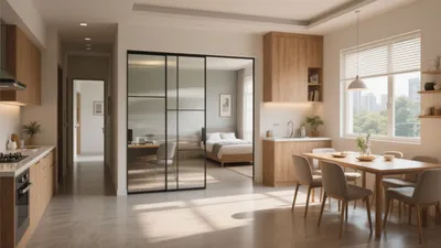 Modern Open-Plan Kitchen & Dining with Glass Partition Design