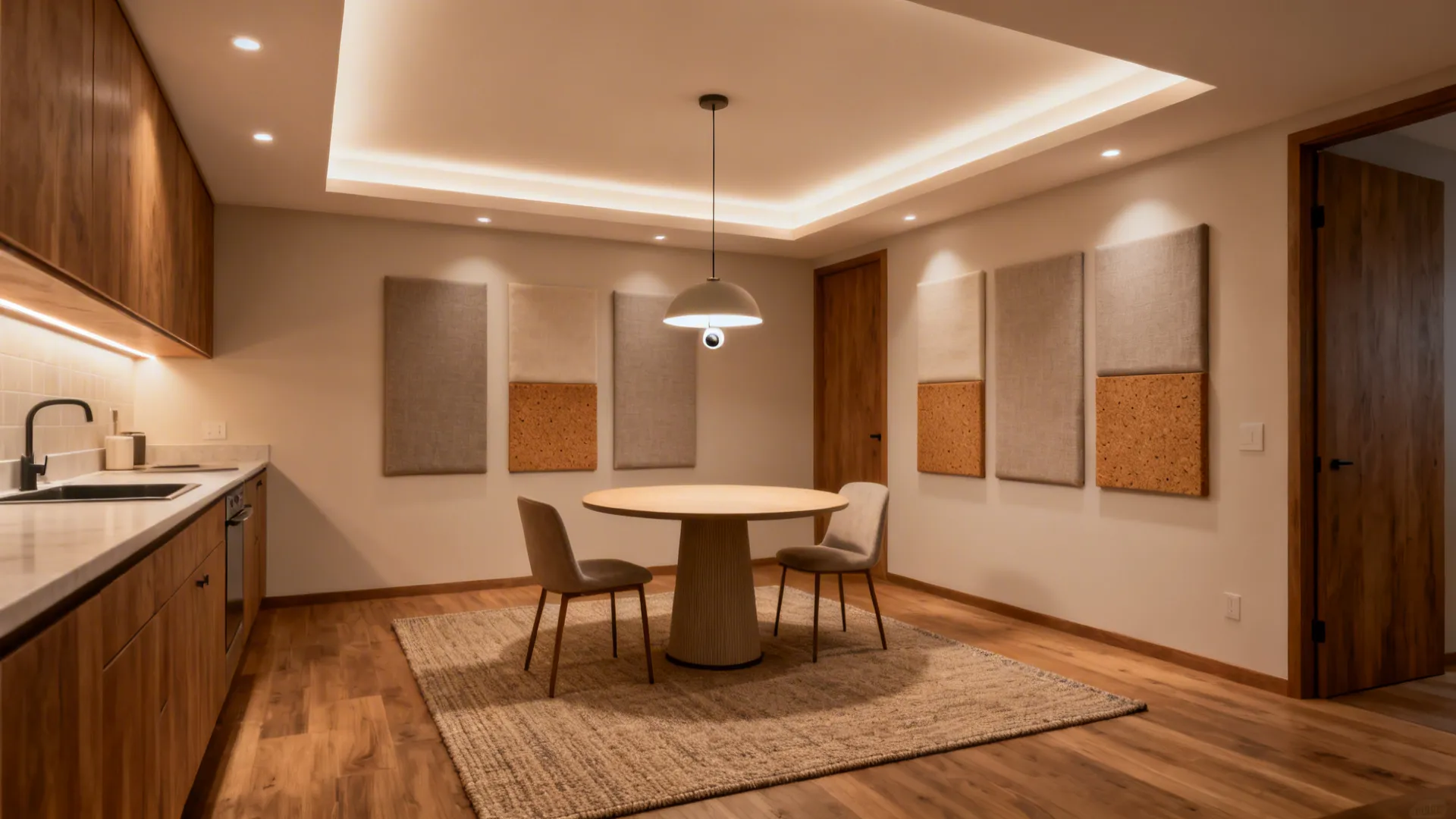 Dining room with round table two chairs rug ceiling light and decorative wood wall panels