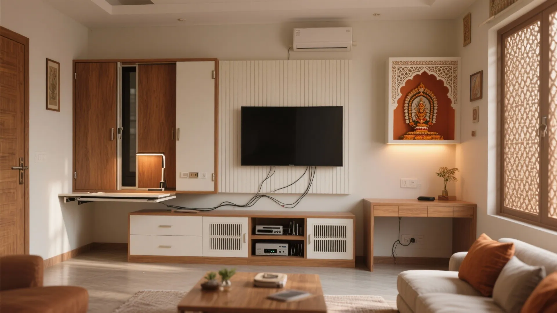 Small Indian living room with sliding TV panel, fold-down desk, and compact puja niche with jali screen.
