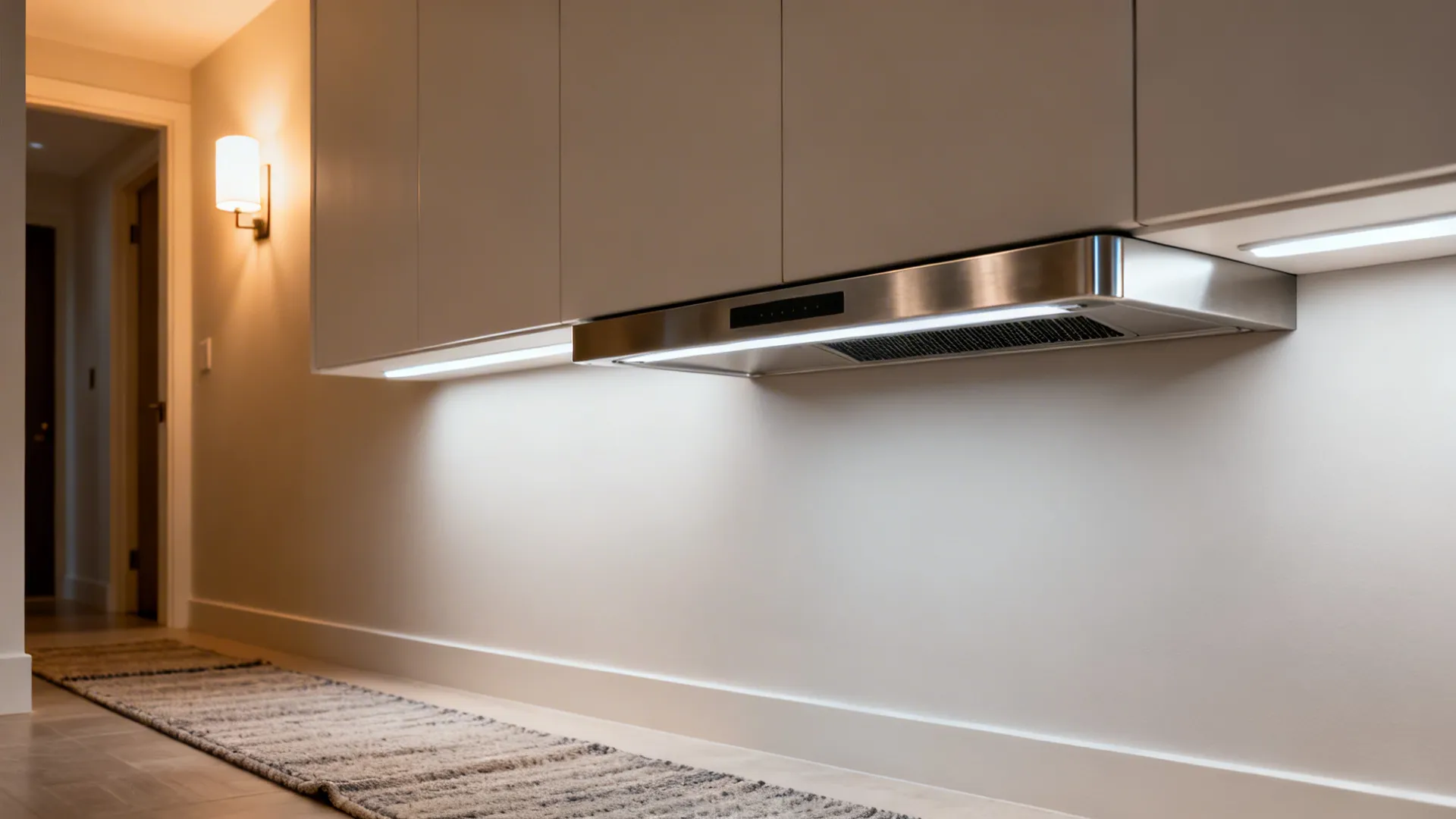 Macro of layered lighting transition, slim quiet hood, and a narrow runner rug defining the hall path.