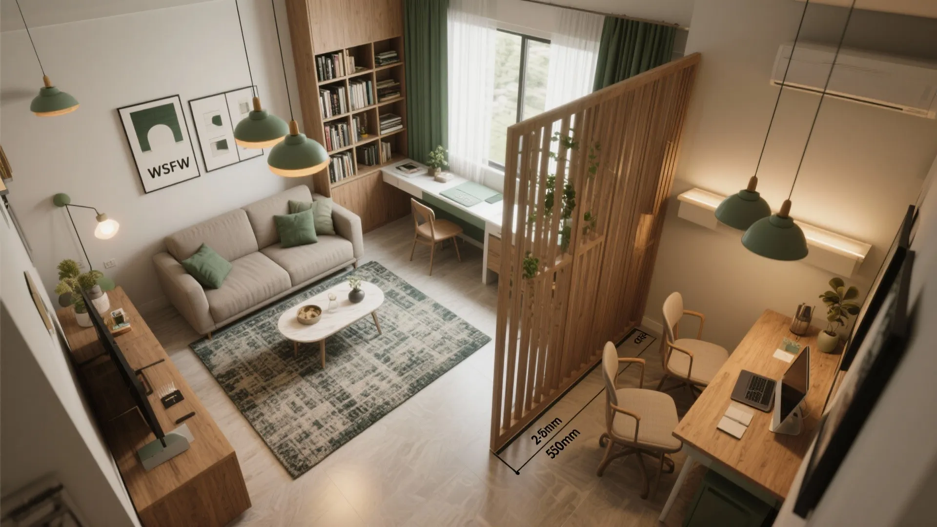 Smart space planning: zoning living, dining, and study in one