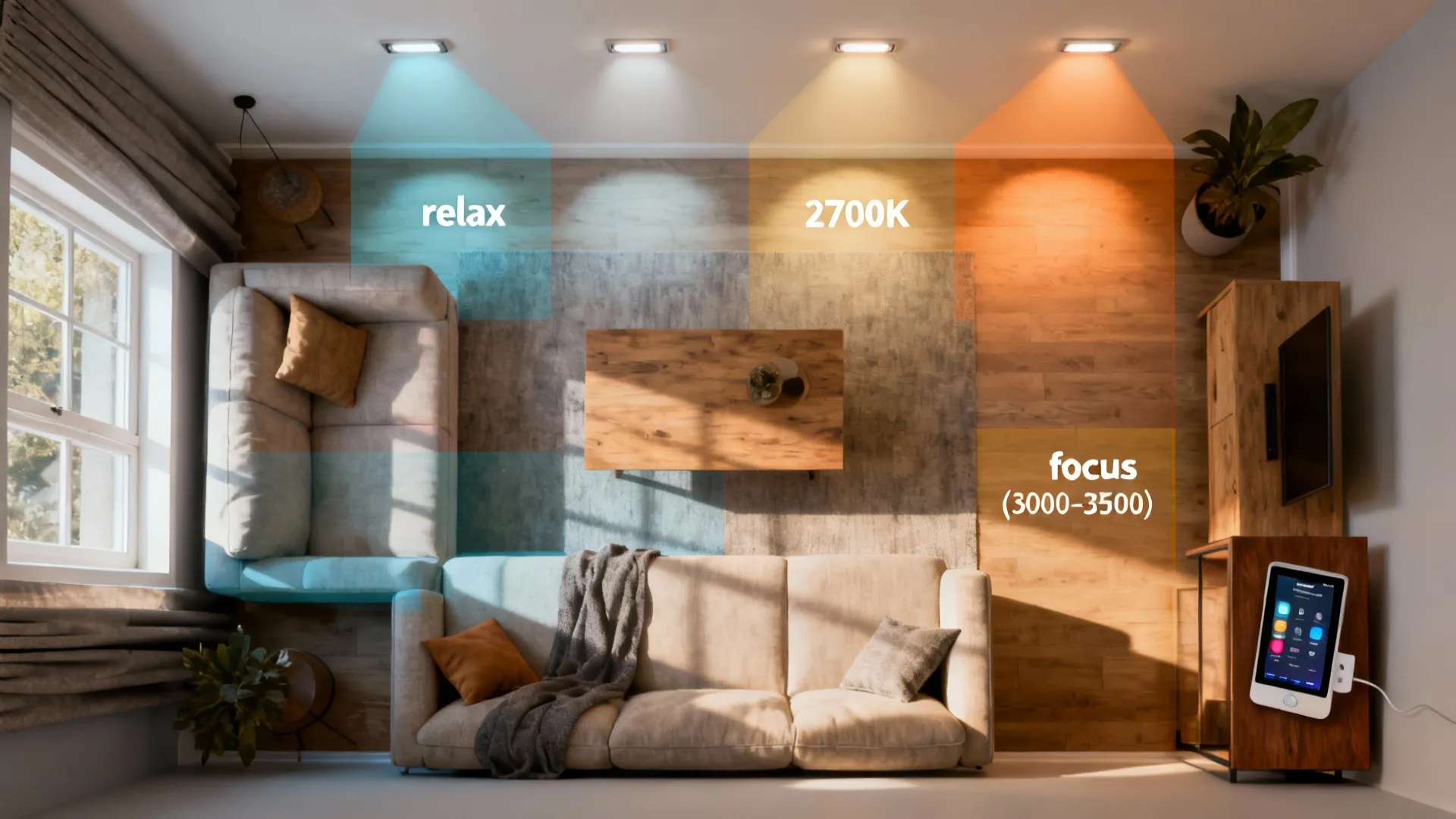 Top-down view of a small living room with recessed lighting zones and a tablet showing warm and cool scene presets.