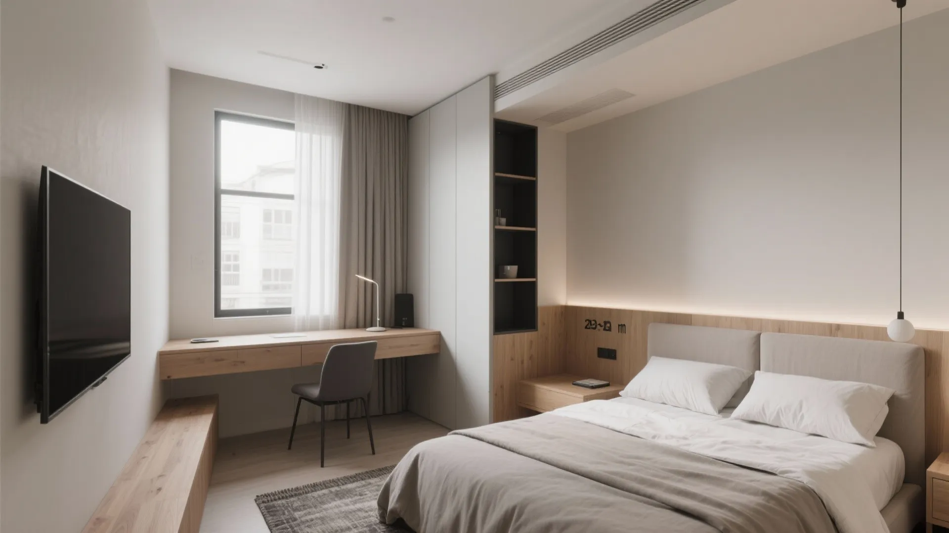 Modern bedroom with wooden desk near window plus white bed and grey wall mounted television
