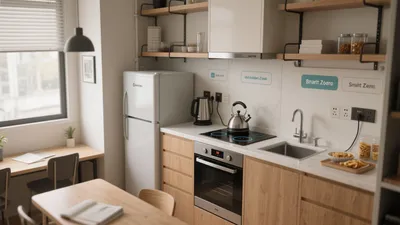 Compact Modern Kitchen with Open Shelving and Wood Accent