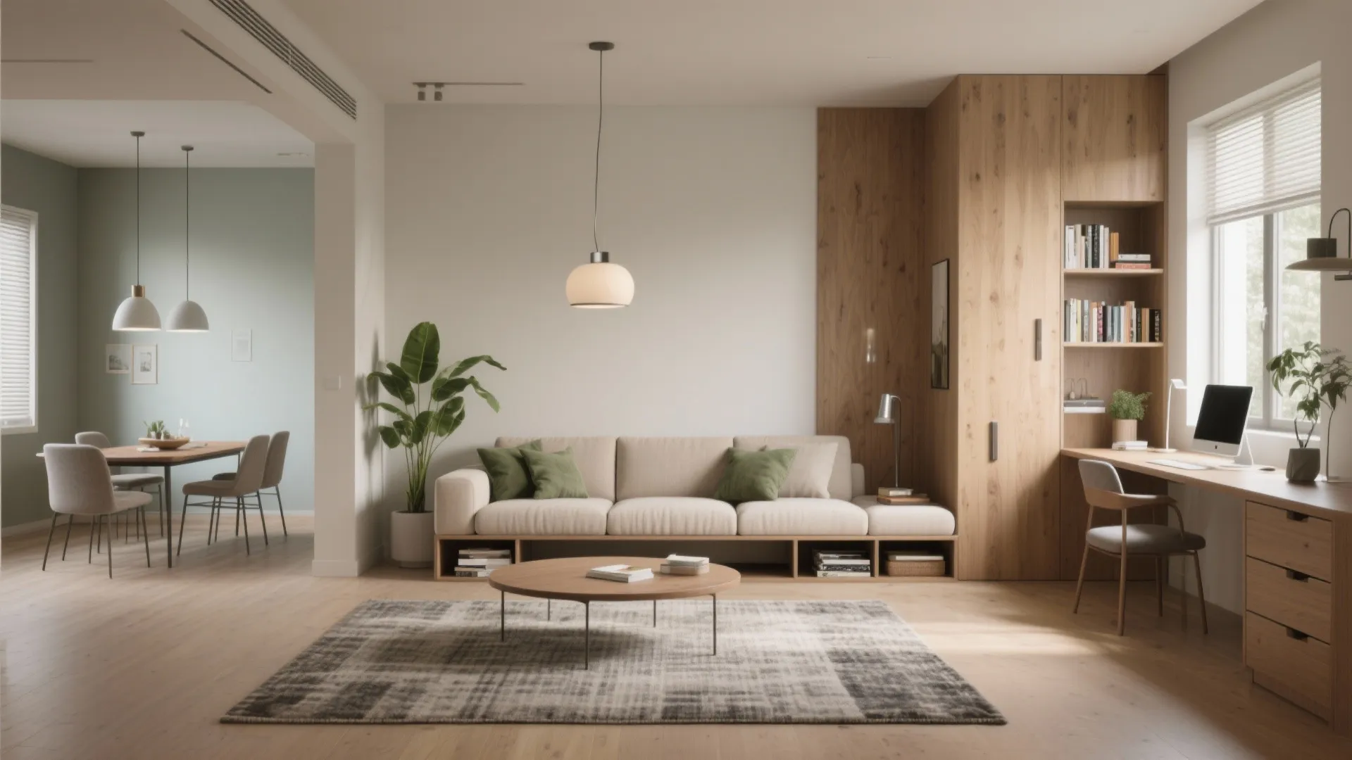 Smart space planning: zoning living, dining, and study in one