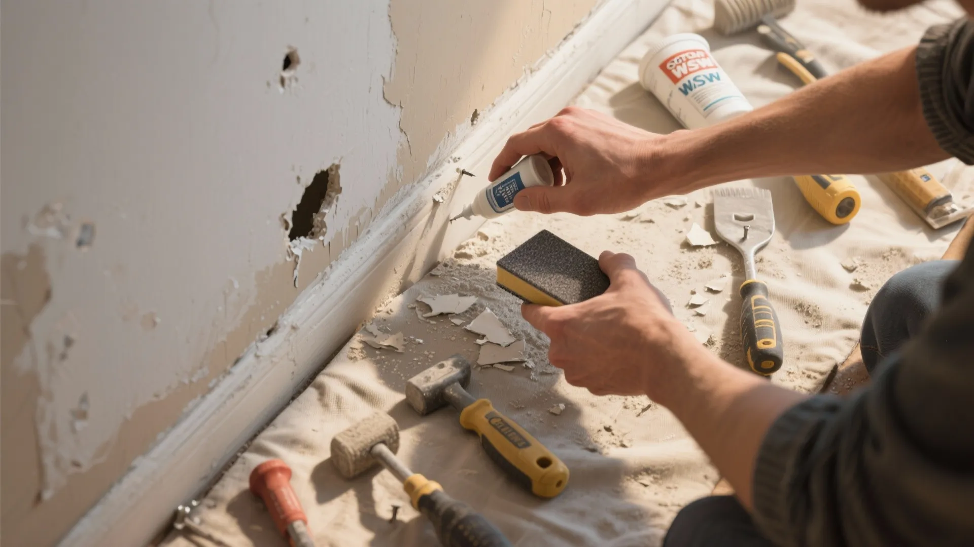 Top-down view of hands filling holes and sanding a wall with prep tools neatly arranged on a drop cloth.