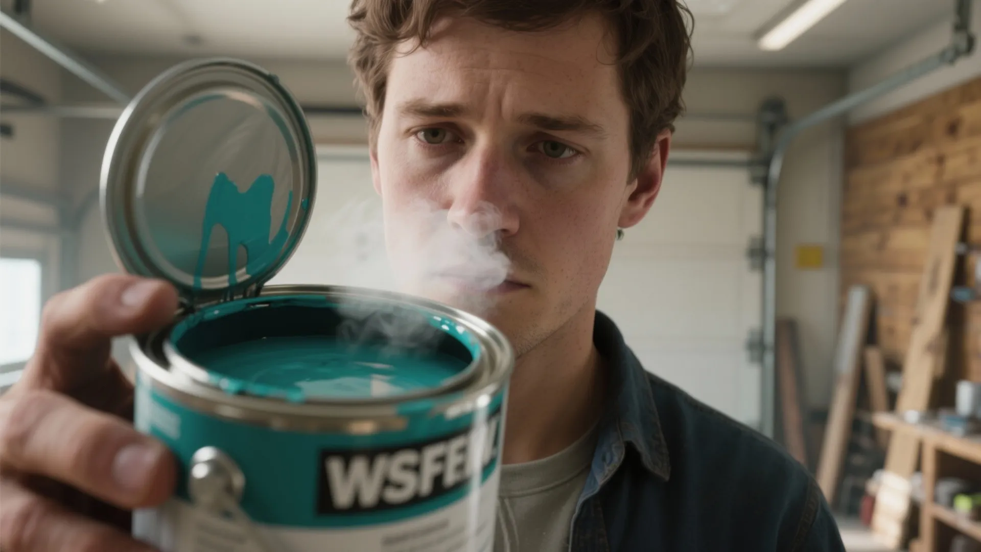 Person holding an open paint can near their face in a garage, inspecting the smell and looking cautious.