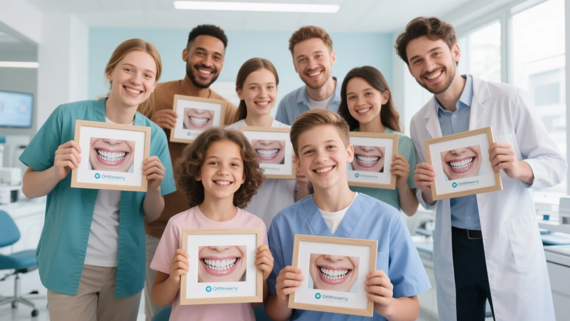 Group of people holding small framed pictures of healthy white teeth inside a bright clinic