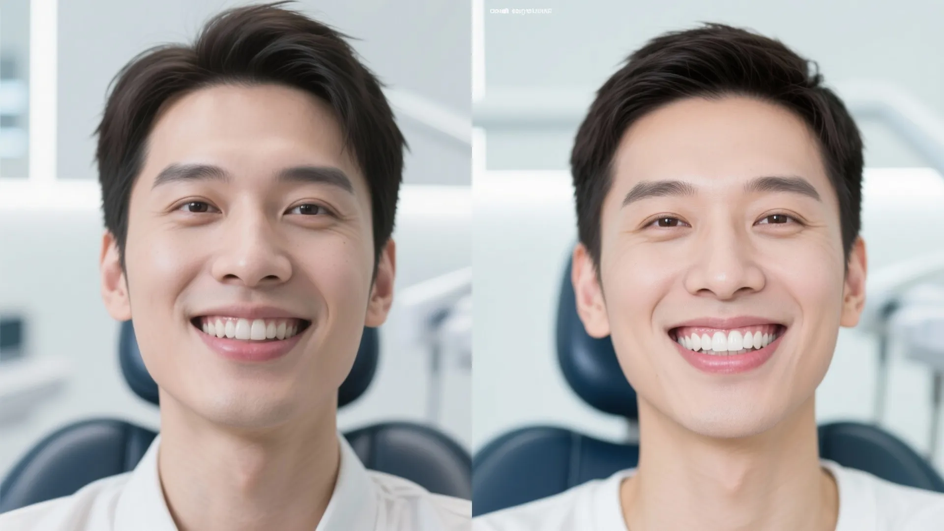 Before and after comparison of a man with yellow teeth versus bright white healthy teeth
