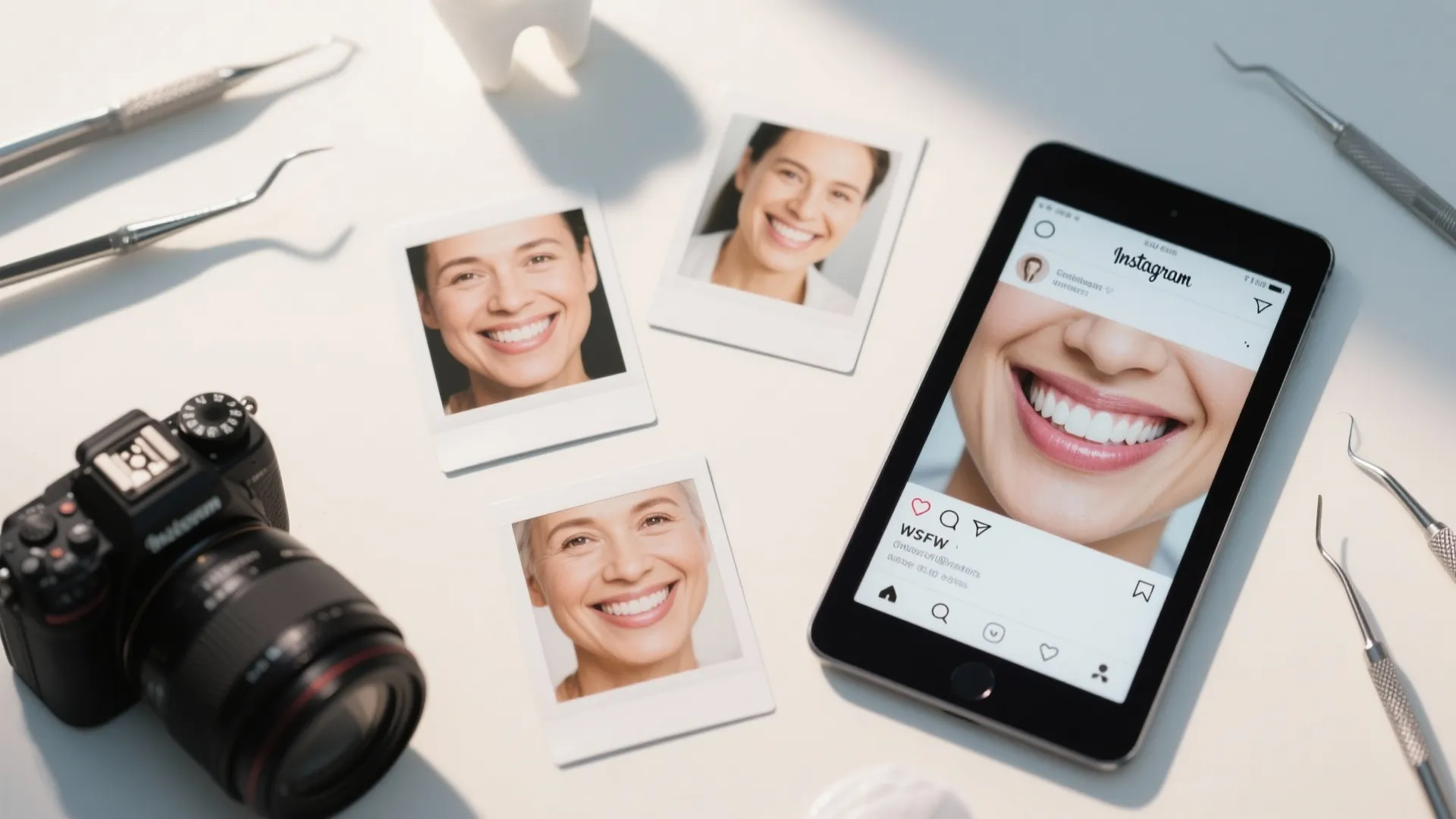 Flat lay showing a camera and dental tools with printed photos and a mobile phone