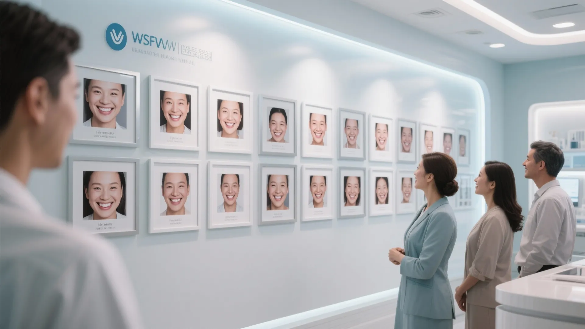 People looking at a white wall with many framed pictures of happy and smiling faces