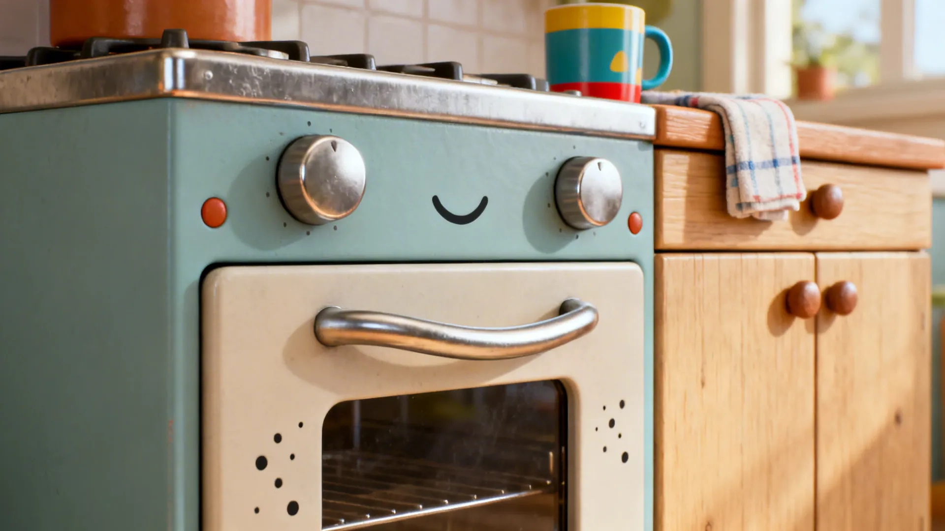 Close-up of cabinet and oven with friendly hardware placements suggesting a smile.
