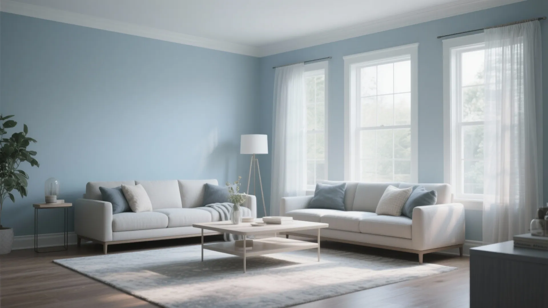 Living room in Smoke muted blue with airy furniture
