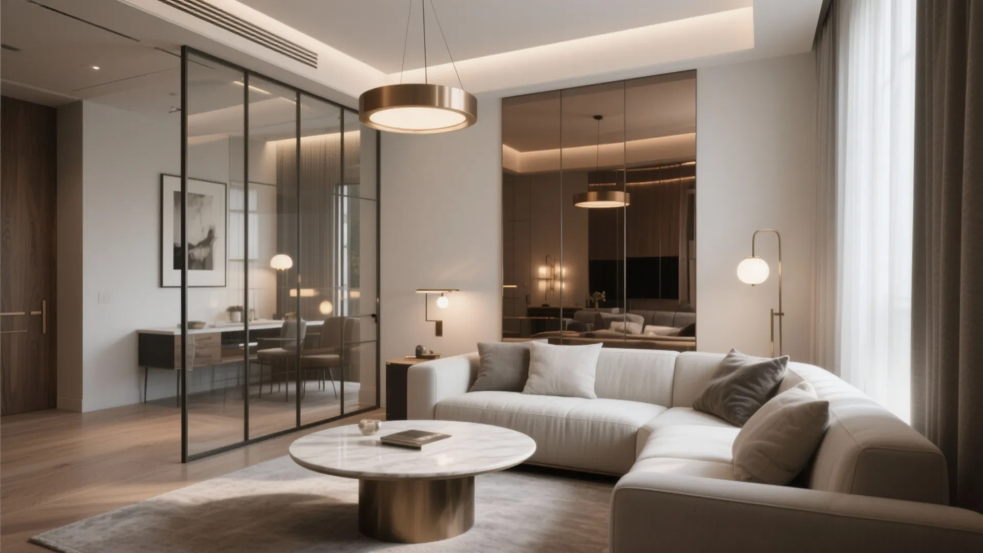 Small living room with smoked mirror panel and low-iron glass screen, layered lighting softly reflecting.