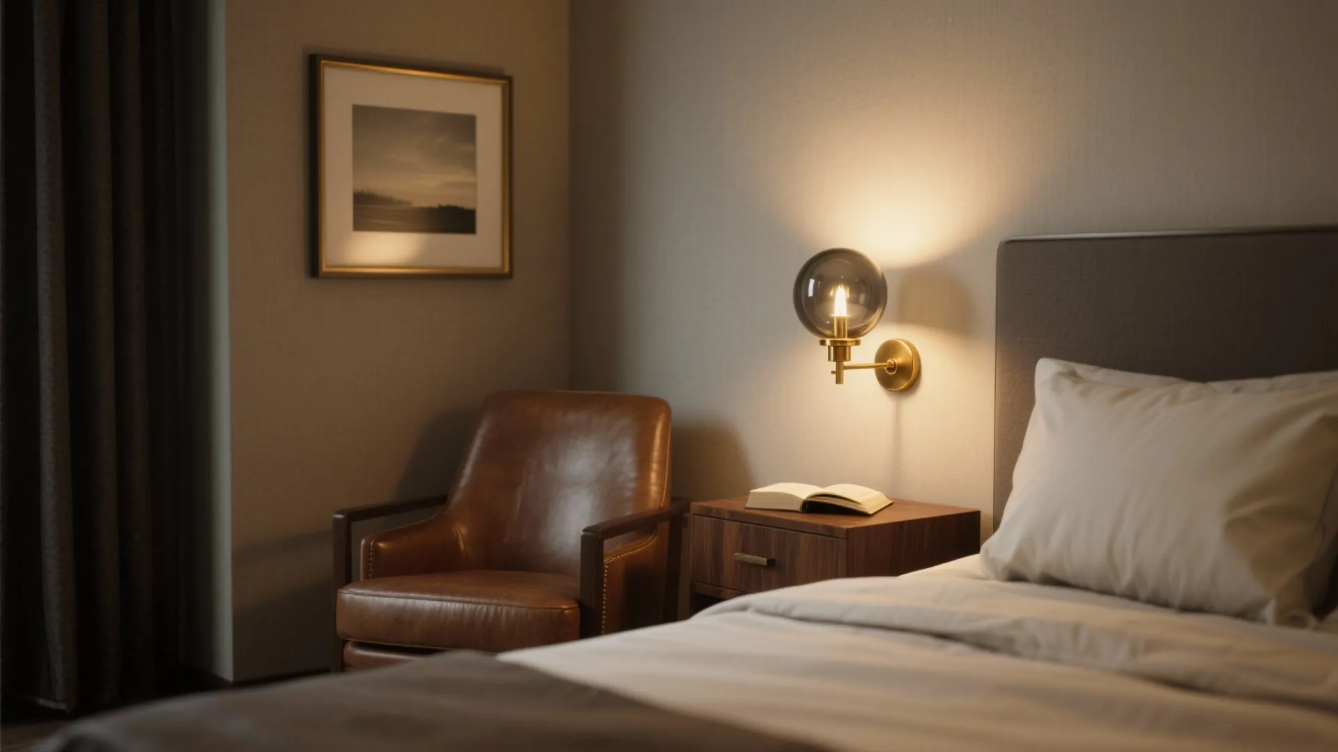 Cozy reading nook with smoked glass and warm brass wall sconce, leather chair and walnut tones in moody, dim light.