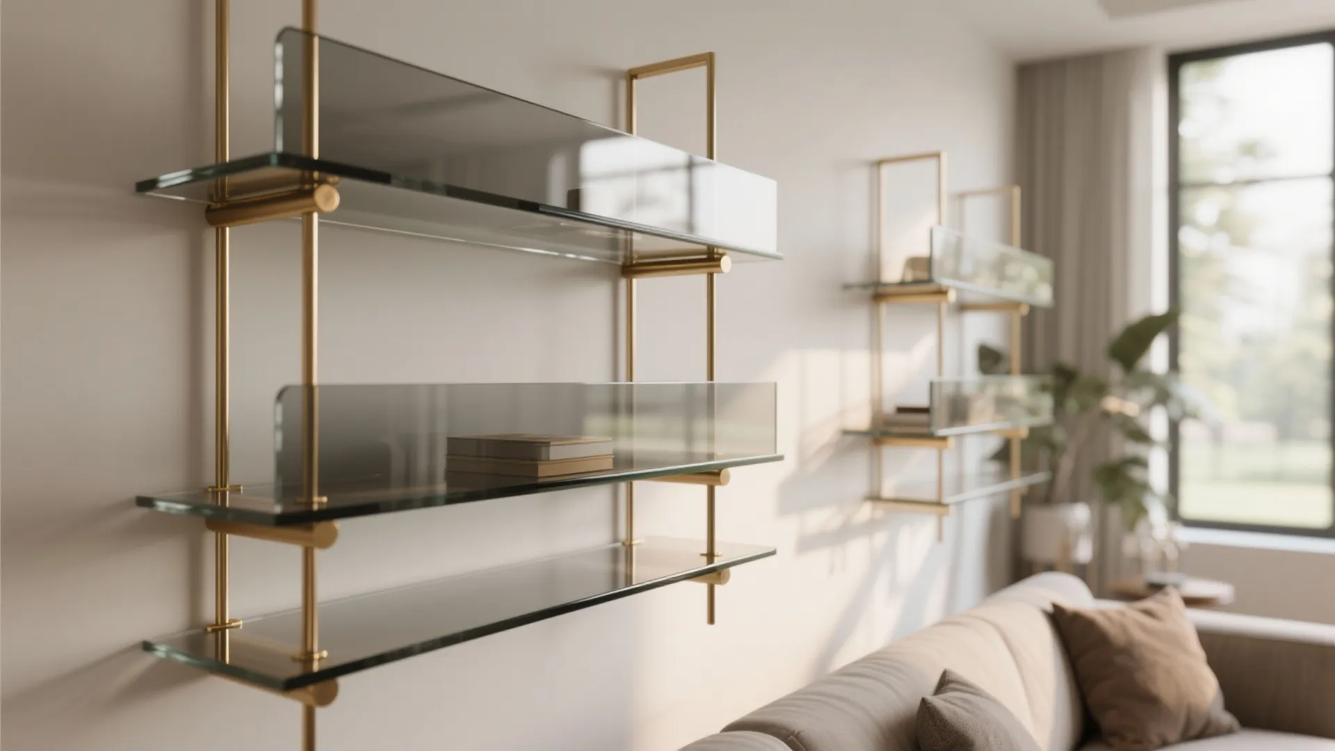Smoked glass shelves with brass brackets adding warmth and elegance