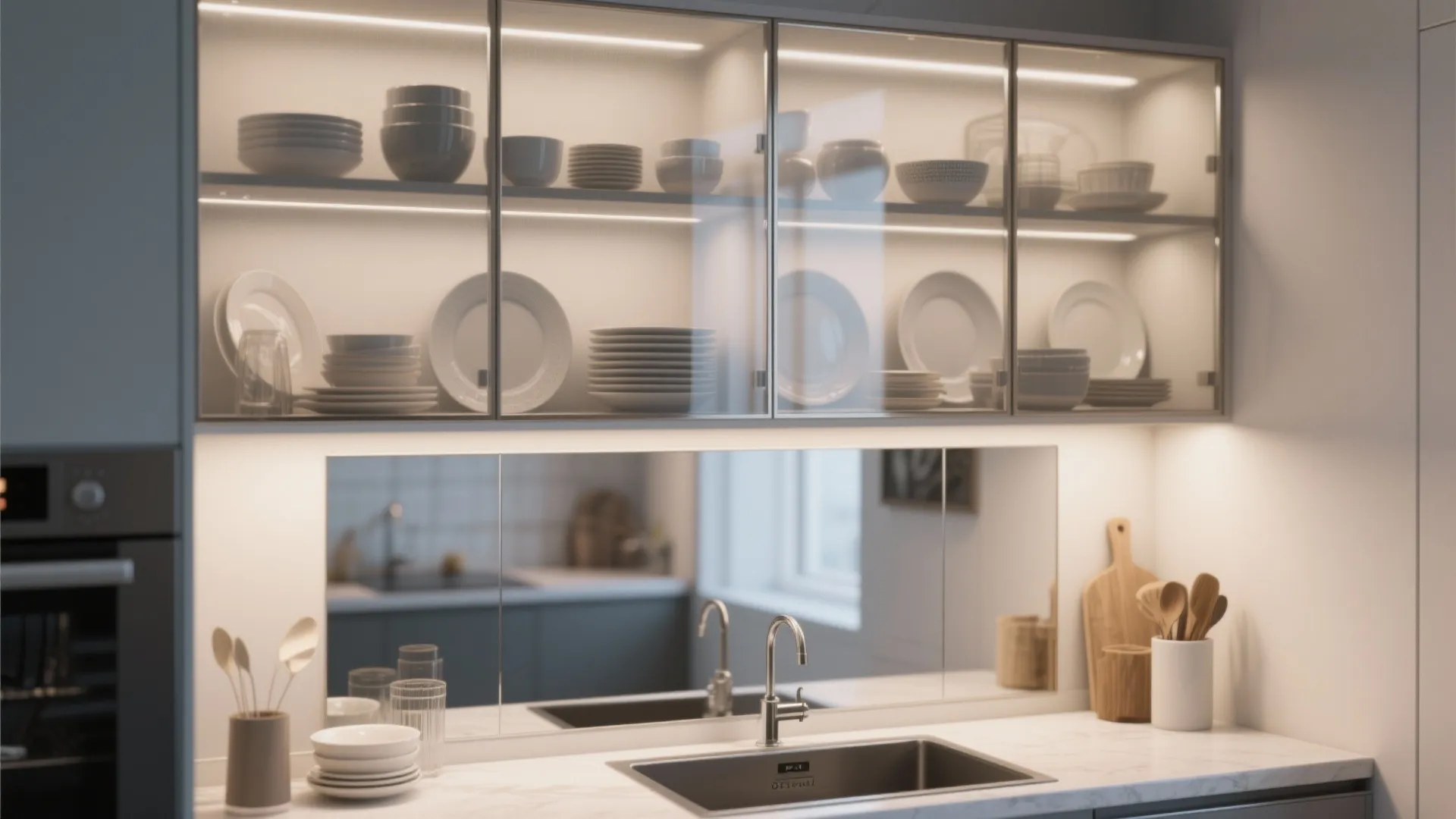 Glass front kitchen wall cabinets with built in lighting showing neatly arranged plates and bowls