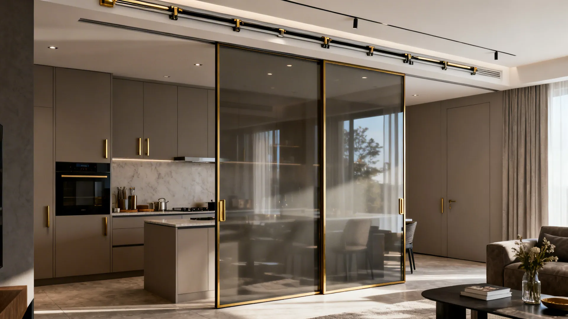 Smoked-glass sliding panel between kitchen and living room providing a physical barrier.